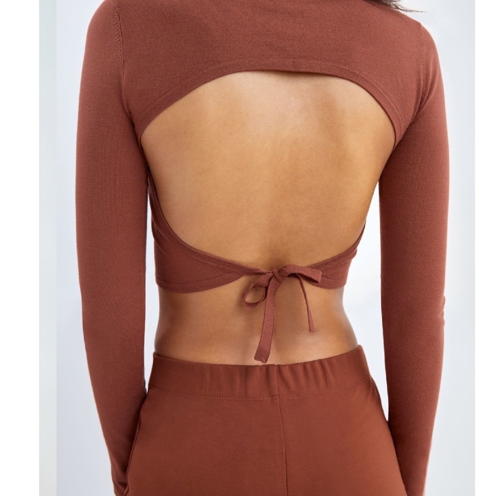 Sunday Best Aritzia Brown Open Back Mock Neck Long Sleeve Crop Top XS Mahogany